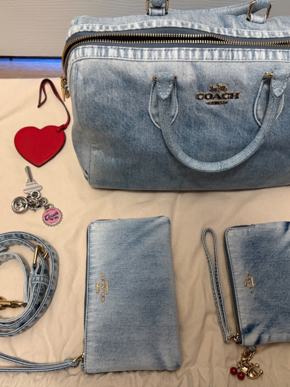 Coach Outlet Rowan Large Satchel Bag In Loved Denim With Pouches(2) and Charms - Picture 3 of 6